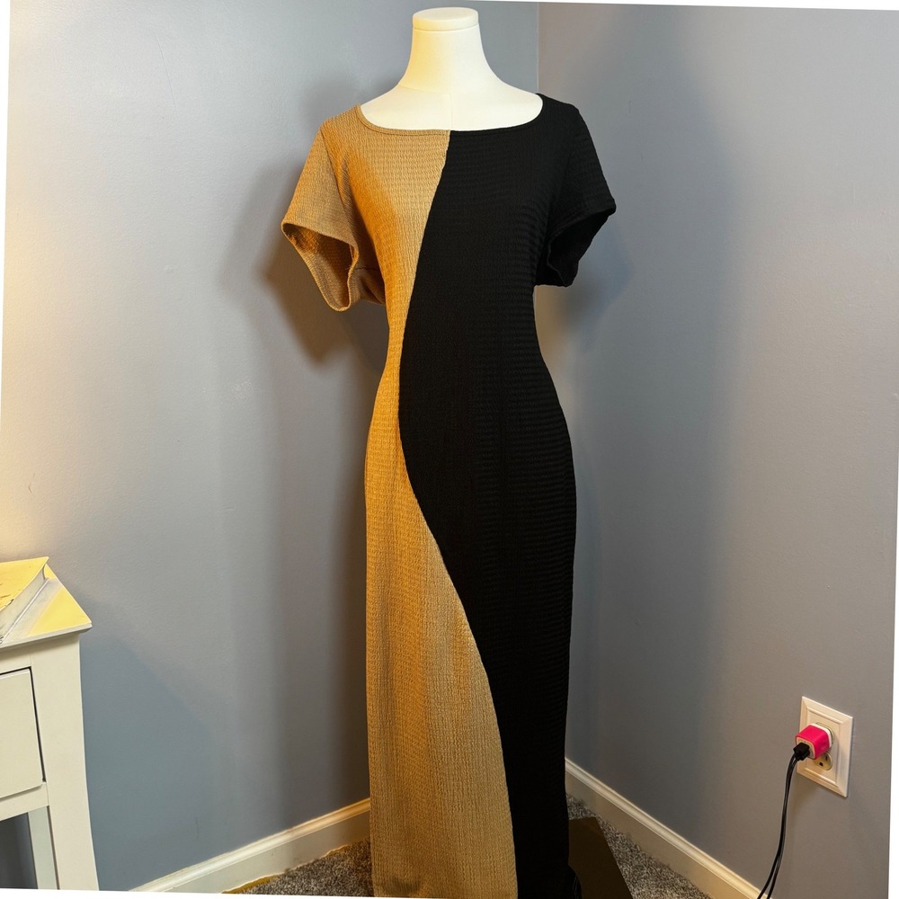 Shein Curve 2XL Maxi Dress Black Tan Color Block Slit Seersucker - Picture 8 of 10